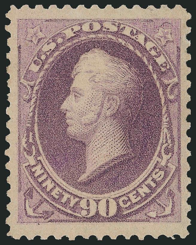 90c Purple (218).> Original gum, barest trace of hinging, brilliant color, unusually choice centering with Jumbo margins<><>^EXTREMELY FINE GEM. A BEAUTIFUL ORIGINAL-GUM EXAMPLE OF THE 1888 90-CENT PURPLE,
WHICH HAS BEEN GRADED XF-SUPERB 95 BY P.S.