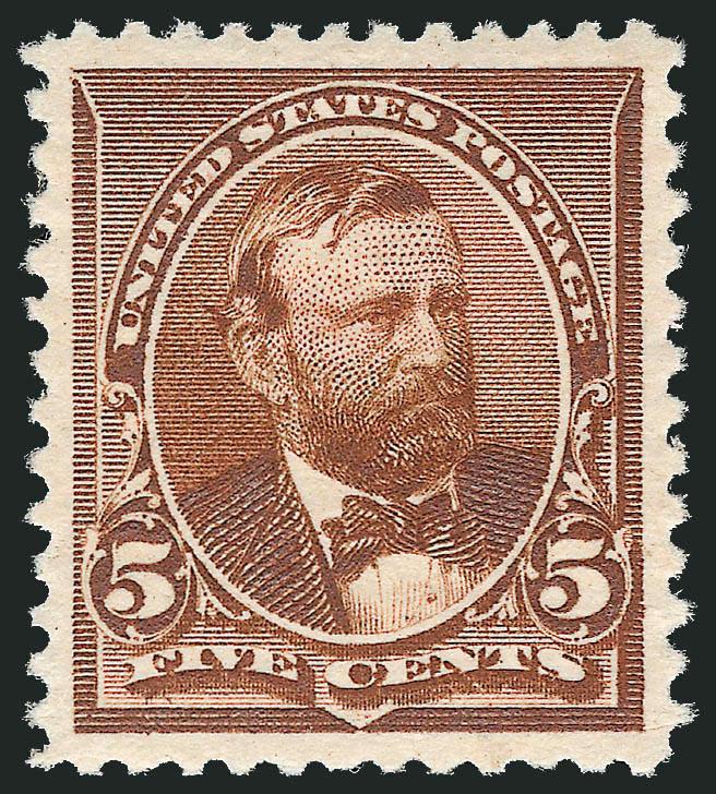 5c Chocolate (223).> Mint N.H., perfectly centered with Jumbo margins, deep rich color and proof-like impression on bright paper<><>^EXTREMELY FINE GEM. A SUPERB MINT NEVER-HINGED EXAMPLE OF THE 5-CENT 1890
ISSUE, GRADED SUPERB 98 JUMBO BY P.S.E. -