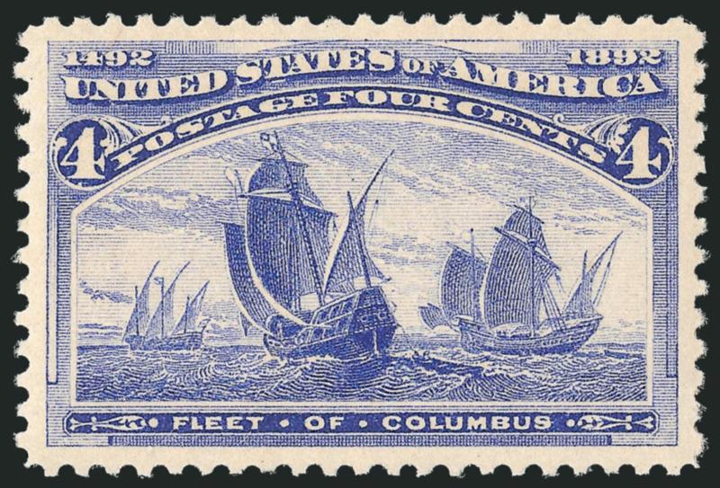 4c Columbian (233).> Mint N.H., radiant color and proof-like impression on bright paper, perfect centering with wide and balanced margins<><>^EXTREMELY FINE GEM. A GORGEOUS MINT NEVER-HINGED EXAMPLE OF THE
4-CENT COLUMBIAN ISSUE, WHICH HAS BEEN GRA