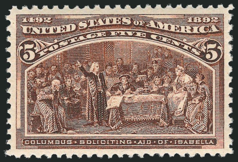 5c Columbian (234).> Mint N.H., deep rich color and clear impression, perfect centering with wide margins<><>^EXTREMELY FINE GEM. A SUPERB MINT NEVER-HINGED EXAMPLE OF THE 5-CENT COLUMBIAN, WHICH HAS BEEN
GRADED SUPERB 98 BY P.S.E.^<><>With 2008