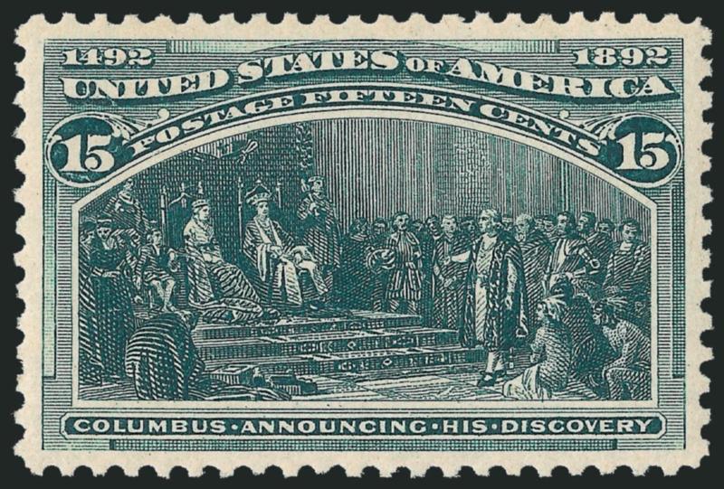 15c Columbian (238).> Mint N.H., rich color and proof-like impression on post-office fresh paper, perfectly centered with wide and balanced margins, long and full perforations all around<><>^EXTREMELY FINE GEM.
A SPECTACULAR MINT NEVER-HINGED EXAMP
