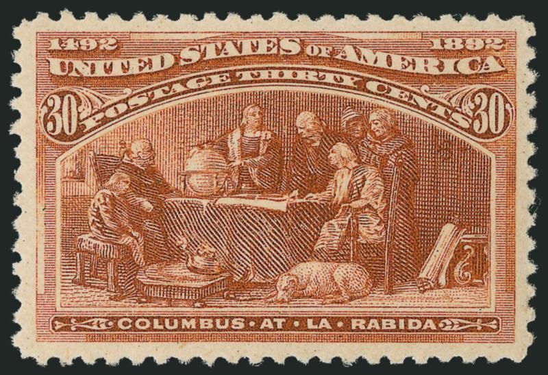 30c Columbian (239).> Mint N.H., intense color and proof-like impression, wide and balanced margins all around<><>^EXTREMELY FINE GEM. A SUPERB MINT NEVER-HINGED EXAMPLE OF THE 30-CENT COLUMBIAN.^<><>P.S.E.
encapsulated (XF-Superb 95 SMQ $3,650.