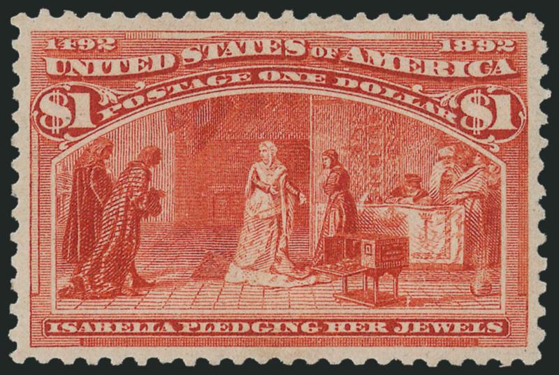 $1.00 Columbian (241).> Original gum, lightly hinged, brilliant color, almost perfect centering with well-proportioned margins<><>^EXTREMELY FINE GEM. A SUPERB ORIGINAL-GUM EXAMPLE OF THE $1.00 COLUMBIAN
ISSUE.^<><>P.S.E. encapsulated (OGph, XF-S