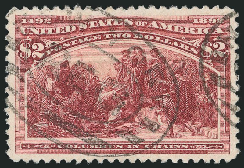 $2.00 Columbian (242).> Brilliant color and proof-like impression, gorgeous centering with wide and balanced margins all around, neat strikes of New York registry oval cancels<><>^EXTREMELY FINE GEM. A
MAGNIFICENT USED EXAMPLE OF THE $2.00 COLUMBIA