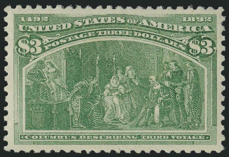 $3.00 Columbian (243).> Original gum, lightly hinged, warm color, almost perfect centering on post office fresh paper<><>^EXTREMELY FINE GEM. A SUPERB $3.00 COLUMBIAN WITH LIGHTLY-HINGED ORIGINAL GUM, WHICH HAS
BEEN GRADED XF-SUPERB 95 BY P.S.E.^<