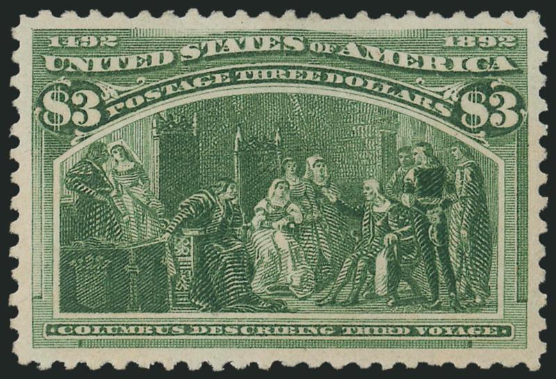 $3.00 Olive Green, Columbian (243a).> Original gum, lightly hinged, deep rich color and proof-like impression, beautifully centered with well-proportioned margins<><>^EXTREMELY FINE GEM. A MAGNIFICENT
ORIGINAL-GUM EXAMPLE OF THE $3.00 COLUMBIAN IN