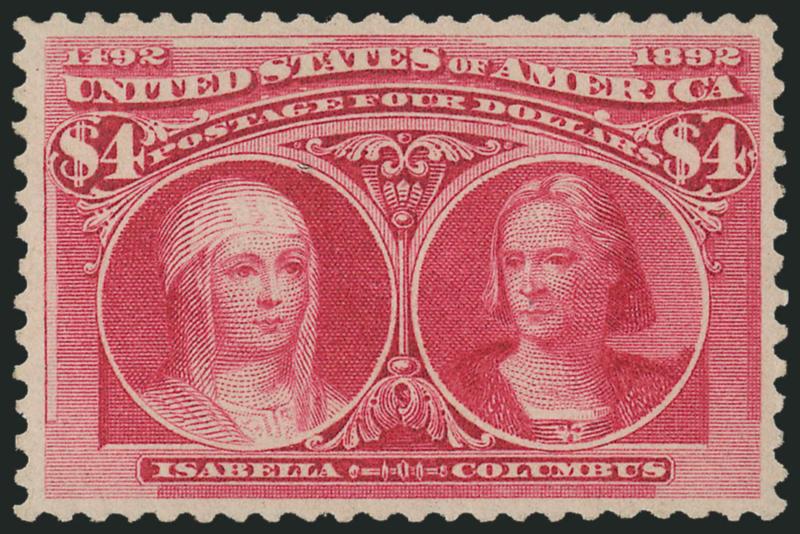 $4.00 Columbian (244).> Original gum, lightly hinged, vivid color on bright paper, beautifully centered with wide margins<><>^EXTREMELY FINE GEM. AN OUTSTANDING ORIGINAL-GUM EXAMPLE OF THE $4.00 COLUMBAN ISSUE,
WHICH HAS BEEN GRADED XF-SUPERB 95 BY