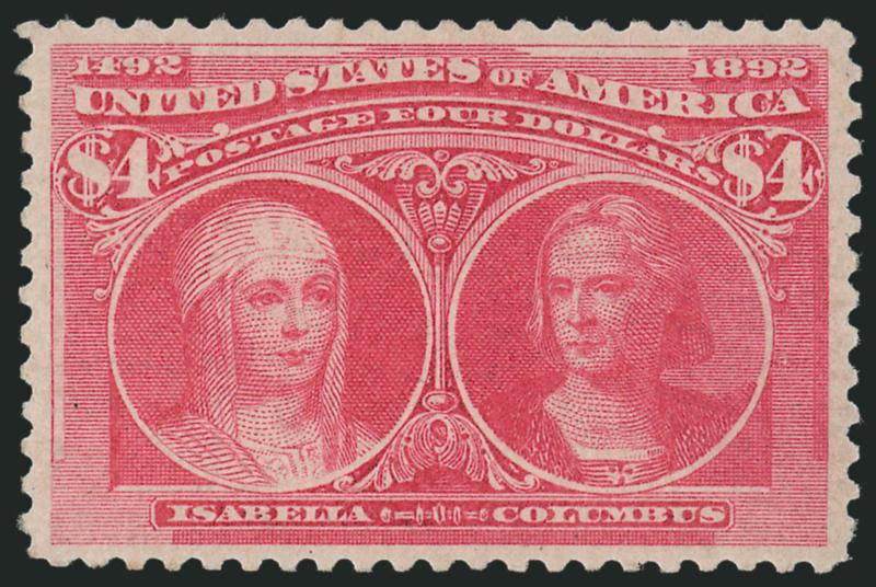 $4.00 Rose Carmine, Columbian (244a).> Original gum, beautiful warm color on fresh paper, choice centering with wide margins<><>^EXTREMELY FINE GEM. A SUPERB ORIGINAL-GUM EXAMPLE OF THE $4.00 COLUMBAN IN THE
ROSE CARMINE SHADE, WHICH HAS BEEN GRADE