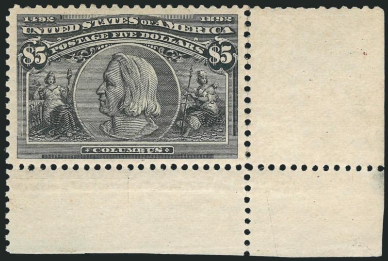 $5.00 Columbian (245).> From the lower right corner of the pane with <full corner sheet margins>, original gum, lightly hinged, perfect centering, intense shade and proof-like impression, we must note that the
perfs between stamp and selvage at right