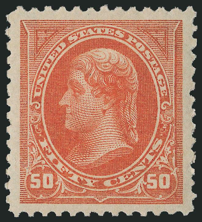 50c Orange (260).> Mint N.H., perfectly framed with Jumbo margins, brilliant color and sharp impression<><>^EXTREMELY FINE GEM. THIS STAMP, WHICH HAS BEEN GRADED SUPERB 98 JUMBO BY P.S.E., IS WITHOUT QUESTION
THE FINEST EXAMPLE OF THE 50-CENT 1894