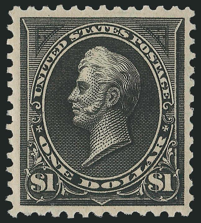 $1.00 Black, Ty. II (261A).> Mint N.H., deep shade on crisp paper, choice centering with wide margins<><>^EXTREMELY FINE GEM. A SUPERB MINT NEVER-HINGED EXAMPLE OF THE $1.00 1894 UNWATERMARKED TYPE II BUREAU
ISSUE. ONE OF THE FINEST COPIES IN EXIST