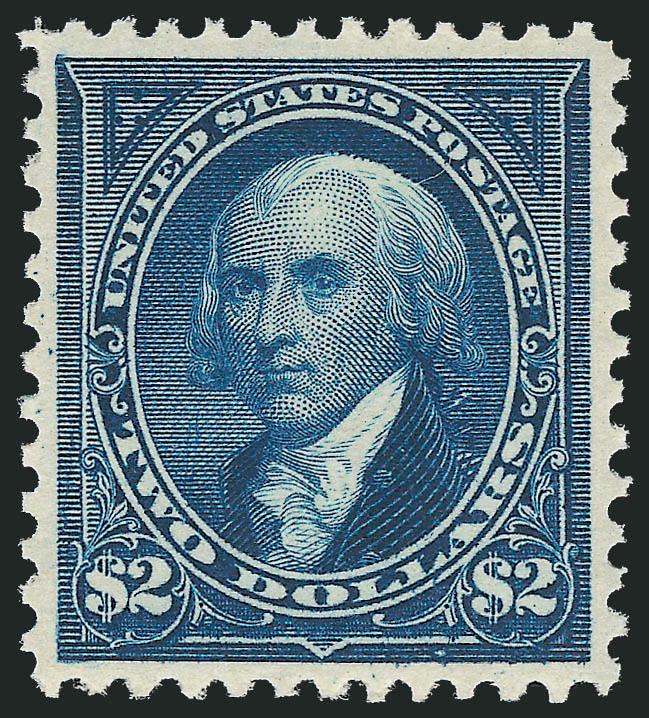 $2.00 Bright Blue (277).> Mint N.H., deep rich color and detailed impression, beautifully centered with wide and balanced margins all around<><>^EXTREMELY FINE GEM. A SUPERB MINT NEVER-HINGED EXAMPLE OF THE
1895 $2.00 WATERMARKED BUREAU ISSUE IN TH