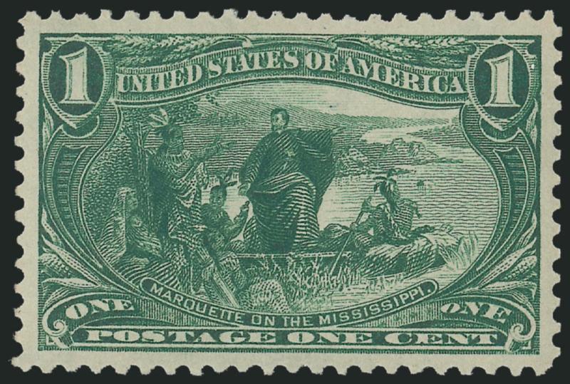 1c Trans-Mississippi (285).> Mint N.H., wide margins and perfect centering, wonderful rich color and proof-like impression<><>^EXTREMELY FINE GEM. A BEAUTIFUL ONE-CENT TRANS-MISSISSIPPI STAMP, WHICH HAS
ACHIEVED THE COVETED P.S.E GRADE OF SUPERB 98