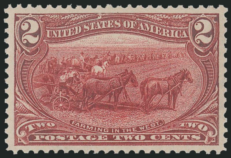 2c Trans-Mississippi (286).> Mint N.H., Jumbo margins and perfect centering, rich color and proof-like impression on bright paper<><>^EXTREMELY FINE GEM. A MAGNIFICENT TWO-CENT TRANS-MISSISSIPPI STAMP, WHICH
HAS BEEN GRADED SUPERB 98 JUMBO BY P.S.E