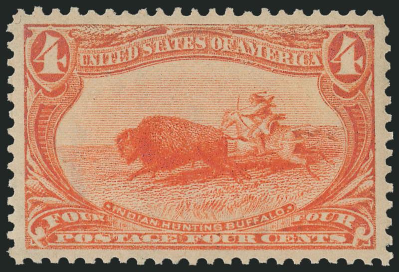 4c Trans-Mississippi (287).> Mint N.H., vivid color on post-office fresh paper, perfect centering with incredibly wide Jumbo margins<><>^EXTREMELY FINE GEM. A GORGEOUS MINT NEVER-HINGED EXAMPLE OF THE 4-CENT
TRANS-MISSISSIPPI ISSUE, GRADED SUPERB 9