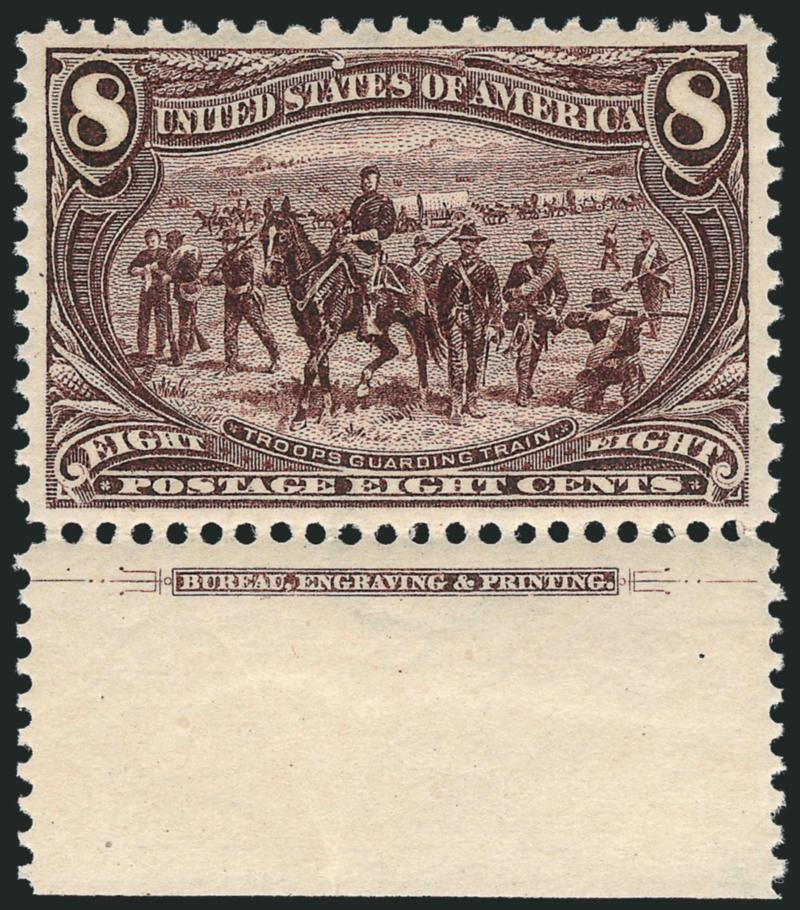 8c Trans-Mississippi (289).> Mint N.H. with <imprint at bottom,> deep rich color and proof-like impression, perfectly centered with wide and balanced margins<><>^EXTREMELY FINE GEM. THIS MAGNIFICENT 8-CENT
TRANS-MISSISSIPPI HAS BEEN AWARDED THE GRA