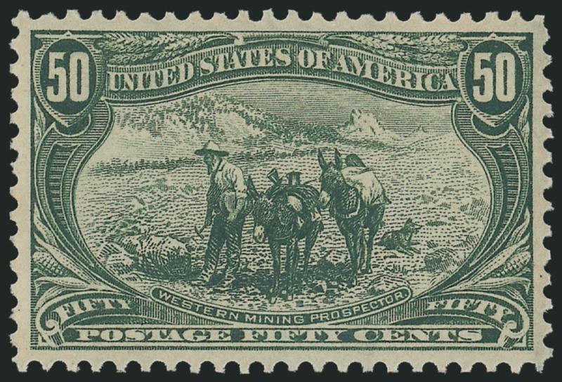 50c Trans-Mississippi (291).> Mint N.H., intense color and impression, beautifully centered with well-balanced margins<><>^EXTREMELY FINE GEM. A SUPERB MINT NEVER-HINGED EXAMPLE OF THE 50-CENT
TRANS-MISSISSIPPI. A BEAUTIFUL STAMP IN EVERY RESPECT.^