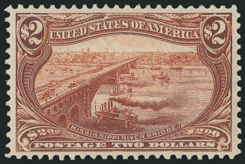$2.00 Trans-Mississippi (293).> Mint N.H., rich color and proof-like impression on bright paper, as fresh as the day it was printed, gorgeous centering with unusually wide and balanced margins all
around<><>^EXTREMELY FINE GEM. THIS IS EASILY ONE O