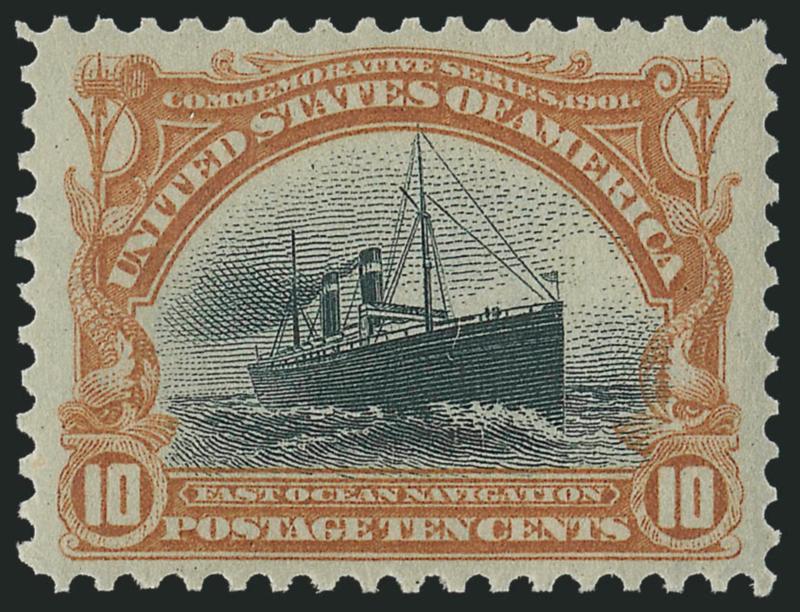 10c Pan-American (299).> Mint N.H., beautifully centered with wide margins, rich colors, Extremely Fine Gem, a superb stamp in every respect, P.S.E. encapsulated (XF-Superb 95 SMQ $2,000.00), only three have
graded higher to date