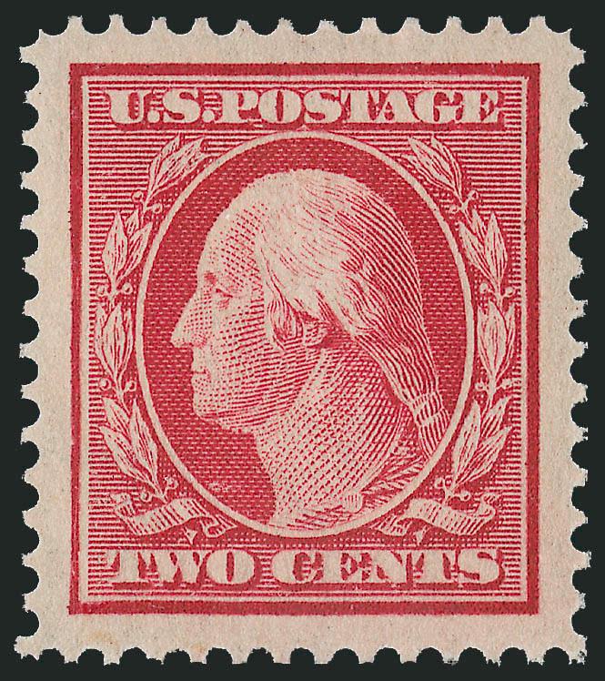 2c Carmine (332).> Mint N.H., brilliant color on post-office fresh paper, mathematically perfect centering with incredibly wide Jumbo margins<><>^EXTREMELY FINE GEM. THIS STUNNING EXAMPLE OF THE 2-CENT PERF 12
DOUBLE-LINE WATERMARKED ISSUE HAS ACHI