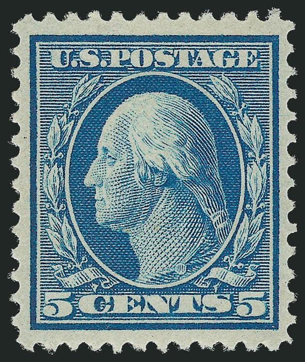 5c Blue, Bluish (361).> Mint N.H., rich color on deeply blued paper, perfect centering with unusually wide and balanced margins<><>^EXTREMELY FINE GEM. WITHOUT QUESTION THIS IS ONE OF THE THREE FINEST MINT
NEVER-HINGED EXAMPLES OF THE 5-CENT WASHIN