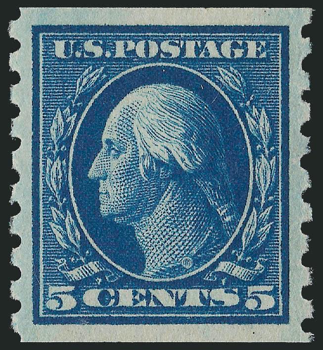 5c Blue, Coil (396).> Mint N.H., deep rich color on bright paper, mathematically perfect centering with wide margins, post office fresh<><>^EXTREMELY FINE GEM. A PERFECT EXAMPLE OF THE 5-CENT PERF 8.5 COIL
ISSUE, WHICH HAS BEEN GRADED GEM 100 BY P.