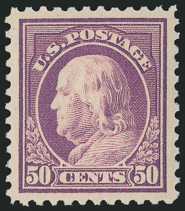 50c Red Violet (517).> Mint N.H., brilliant color and crisp impression, mathematically perfect centering with wide margins, long and full perforations all around<><>^EXTREMELY FINE GEM. A SUPERB MINT
NEVER-HINGED EXAMPLE OF THE 50-CENT 1917 ISSUE,