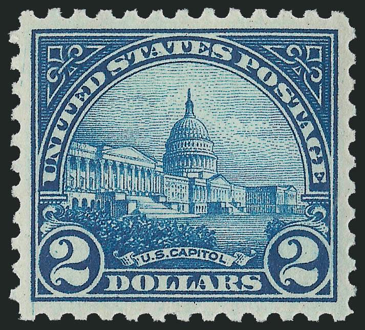 $2.00 Deep Blue (572).> Mint N.H., deep rich color, mathematically perfect centering, crisp and bright<><>^EXTREMELY FINE GEM. A PERFECT EXAMPLE OF THE $2.00 1922 ISSUE, WHICH HAS BEEN GRADED GEM 100 BY P.S.E.
-- THIS IS THE HIGHEST GRADE AWARDED T