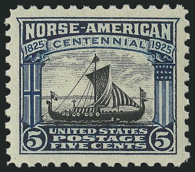 5c Norse-American (621).> Mint N.H., intense colors on bright paper, mathematically perfect centering, Extremely Fine Gem, a superb stamp in every respect, P.S.E. encapsulated (Gem 100 unpriced in SMQ above the
grade of 98, SMQ $240.00 as 98). Only