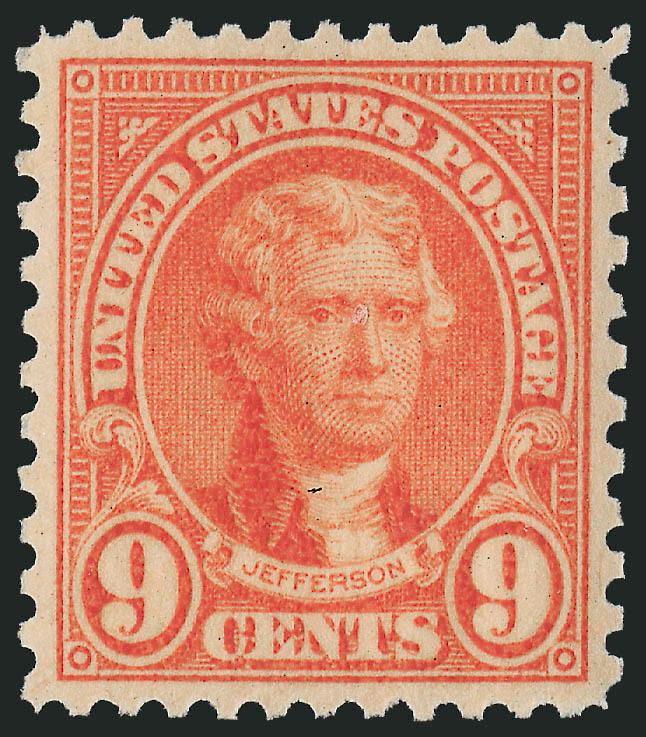 9c Rose (641).> Mint N.H., vivid color on bright white paper, perfectly centered with wide margins<><>^EXTREMELY FINE GEM. A SPECTACULAR MINT NEVER-HINGED 9-CENT ROSE FROM THE 1926-34 REGULAR ISSUE, GRADED GEM
100 BY P.S.E.^<><>P.S.E. encapsulate