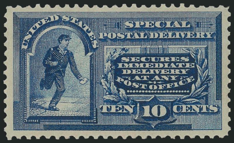 10c Blue, Special Delivery (E2).> Mint N.H., exceptionally wide margins and nearly perfectly centered, vivid color on post office fresh paper<><>^EXTREMELY FINE GEM. A MARVELOUS MINT NEVER-HINGED EXAMPLE OF THE
SECOND SPECIAL DELIVERY ISSUE OF 1888