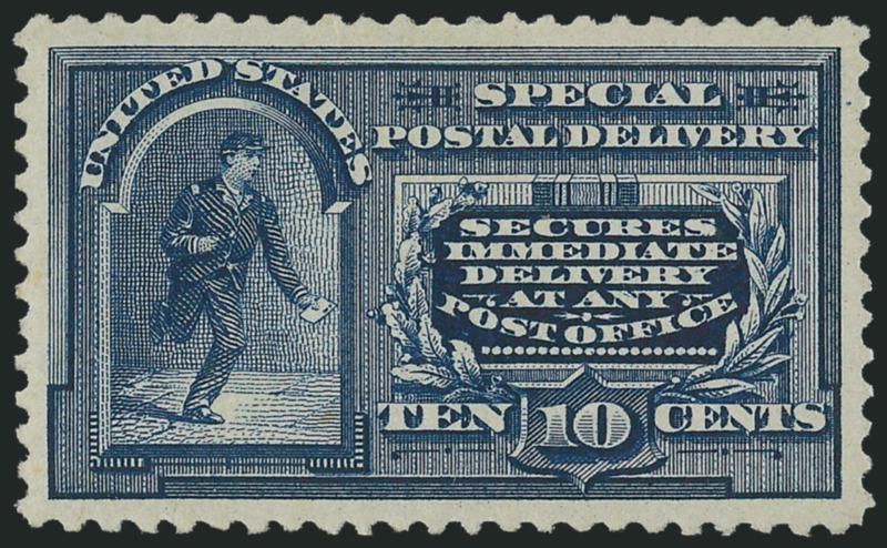 10c Blue, Special Delivery (E4).> Mint N.H., deep rich color nicely contrasted by bright white paper, beautifully centered with wide and balanced margins all around<><>^EXTREMELY FINE GEM. THE 10-CENT 1894
UNWATERMARKED SPECIAL DELIVERY ISSUE IS A