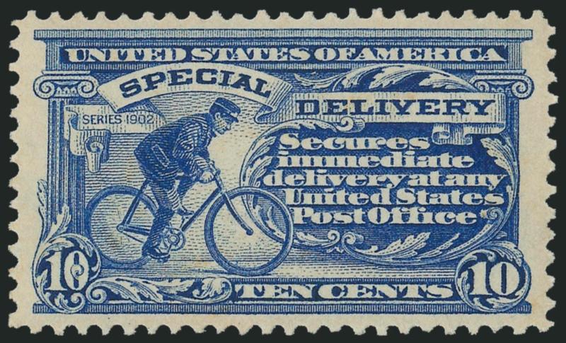 10c Ultramarine, Special Delivery (E6).> Mint N.H., beautiful bright color on fresh paper, wide and balanced margins<><>^EXTREMELY FINE GEM. A SUPERB MINT NEVER-HINGED EXAMPLE OF THE 1902 10-CENT SPECIAL
DELIVERY, SCOTT E6.^<><>P.S.E. encapsulate