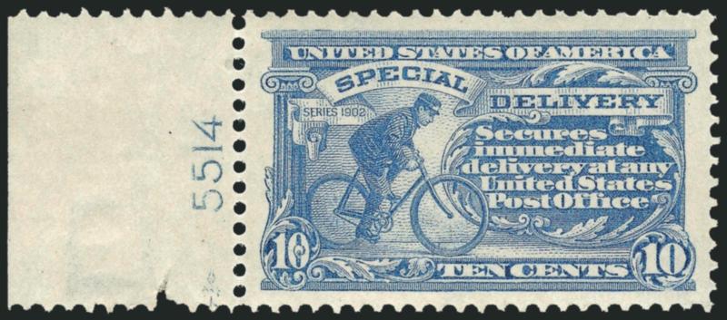 10c Ultramarine, Special Delivery (E8).> Mint N.H., brilliant color, perfectly centered with wide margins<><>^EXTREMELY FINE GEM. A MAGNIFICENT MINT NEVER-HINGED EXAMPLE OF THE 10-CENT SPECIAL DELIVERY, SCOTT
E8, WHICH HAS BEEN GRADED SUPERB 98 BY
