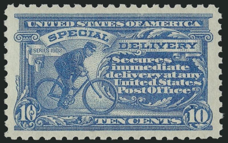 10c Pale Ultramarine, Special Delivery (E10).> Mint N.H., rich color on bright paper, magnificent centering with unusually wide and balanced margins all around, post-office fresh<><>^EXTREMELY FINE GEM. A
MAGNIFICENT MINT NEVER-HINGED EXAMPLE OF TH