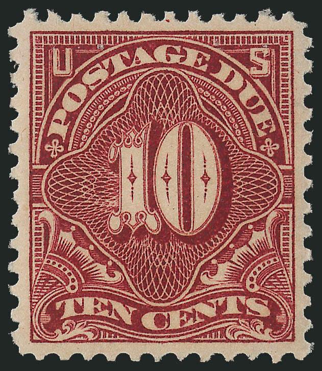 10c Deep Claret (J42).> Mint N.H., vibrant color and proof-like impression on post-office fresh paper, choice centering with wide margins, fresh and Extremely Fine, a beautiful stamp, P.S.E. encapsulated
(XF-Superb 95 SMQ $960.00), this is the highe