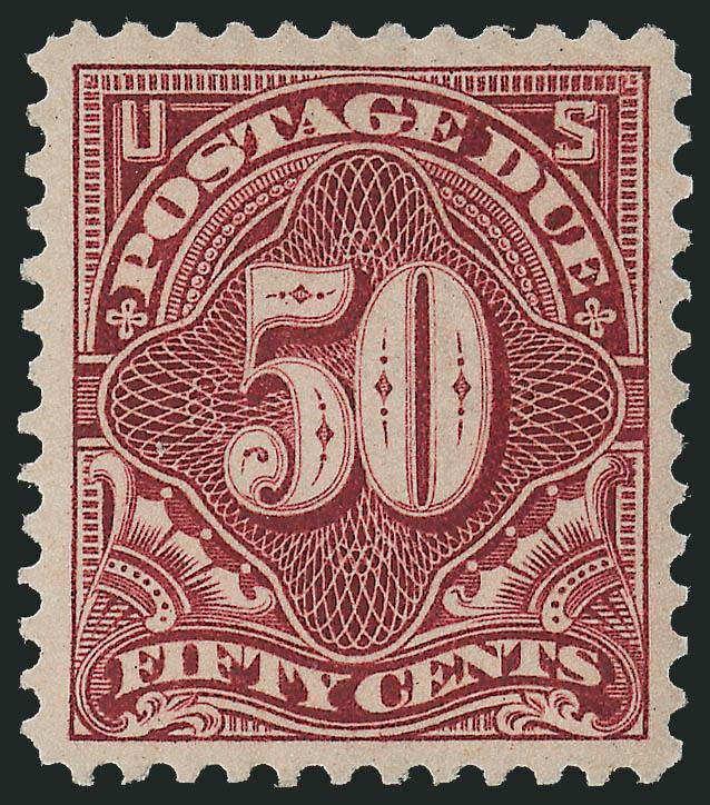 50c Deep Claret (J44).> Original gum, lightly hinged, rich color and sharp impression showing every detail of the engraving, unusually choice centering, Extremely Fine Gem, P.S.E. encapsulated (XF-Superb 95 SMQ
$860.00), this is the highest grade aw