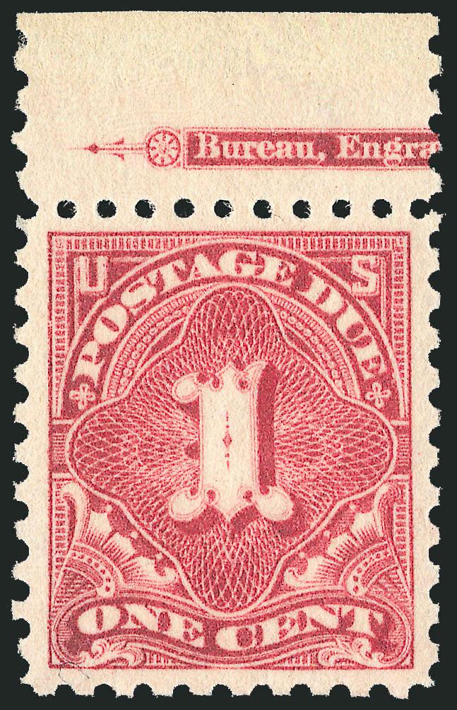 1c Dull Rose (J52a).> Mint N.H. with <part imprint at top>, beautiful centering with wide margins, vivid color, Extremely Fine Gem, with 2005 P.S.E. certificate (XF-Superb 95 SMQ $640.00), this is the highest
grade awarded to date in the P.S.E. Popu