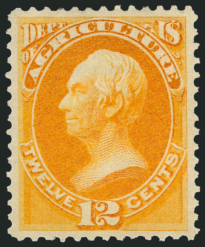 12c Agriculture (O6).> Original gum, lightly hinged, vibrant color as fresh as the day it was printed, well-proportioned margins, Extremely Fine, a pretty stamp, P.S.E. encapsulated (XF 90 SMQ $950.00)