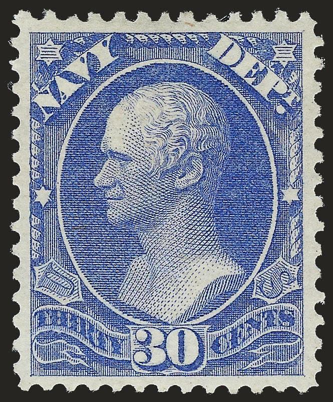 30c Navy (O44).> Original gum, rich color on bright paper, unusually choice centering for this difficult issue, Extremely Fine Gem, P.S.E. encapsulated (OGh, XF-Superb 95 SMQ $1,200.00), only one has graded
higher to date in the P.S.E. Population Re