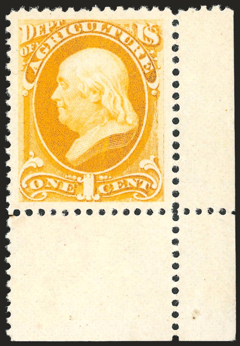 1c Agriculture, Soft Paper (O94).> Bottom right corner margin single, without gum as issued, intense color, perfect centering with Jumbo margins<><>^EXTREMELY FINE GEM. A MAGNIFICENT POSITION PIECE OF THE
ONE-CENT AGRICULTURE ON SOFT PAPER, GRADED