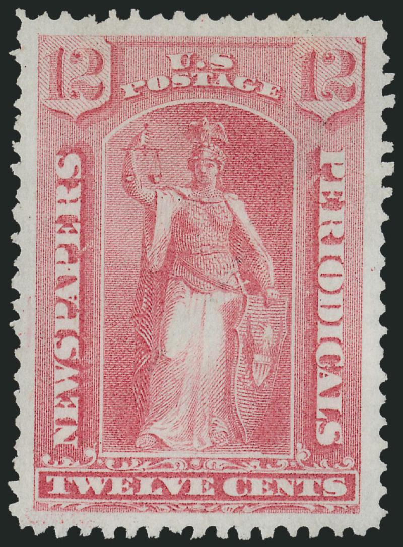12c Pale Rose, 1875 Special Printing (PR40).> Without gum as issued, beautifully centered with Jumbo margins, vivid color on fresh paper<><>^EXTREMELY FINE GEM. A SUPERB EXAMPLE OF THE 12-CENT 1875 NEWSPAPER
SPECIAL PRINTING, GRADED XF-SUPERB 95 JU
