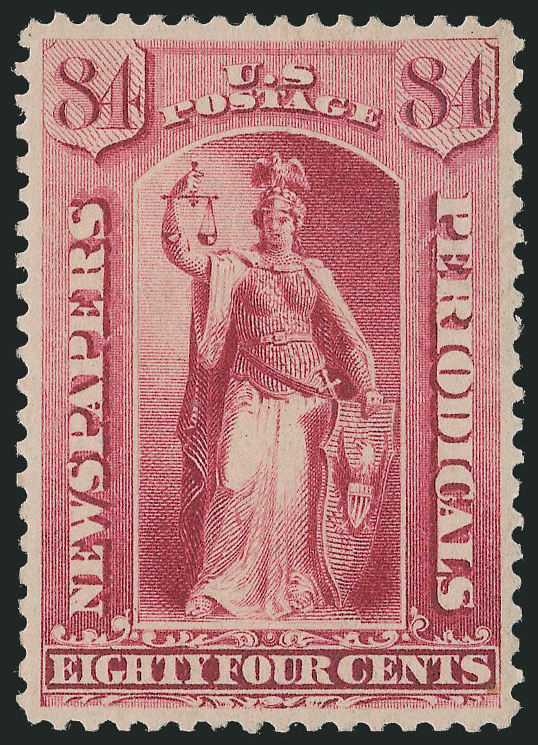 84c Carmine, 1885 Issue (PR88).> Original gum, vibrant color on bright paper, exceptionally well-centered with wide margins<><>^EXTREMELY FINE GEM. A SUPERB EXAMPLE OF THE 1885 84-CENT NEWSPAPER ISSUE, GRADED
XF-SUPERB 95 BY P.S.E.^<><>P.S.E. enc