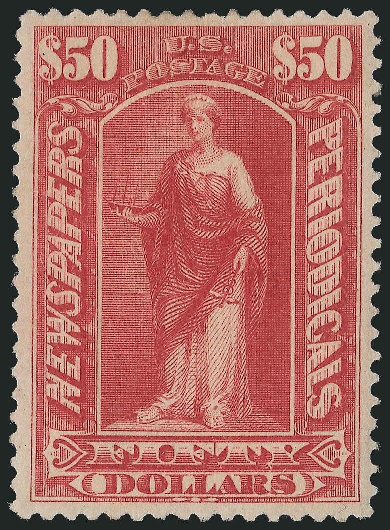 $50.00 Dull Rose, Unwatermarked 1895 Issue (PR112).> Original gum, radiant color and detailed impression on bright paper, choice centering with wide and well-proportioned margins<><>^EXTREMELY FINE. A BEAUTIFUL
EXAMPLE OF THE $50.00 UNWATERMARKED B