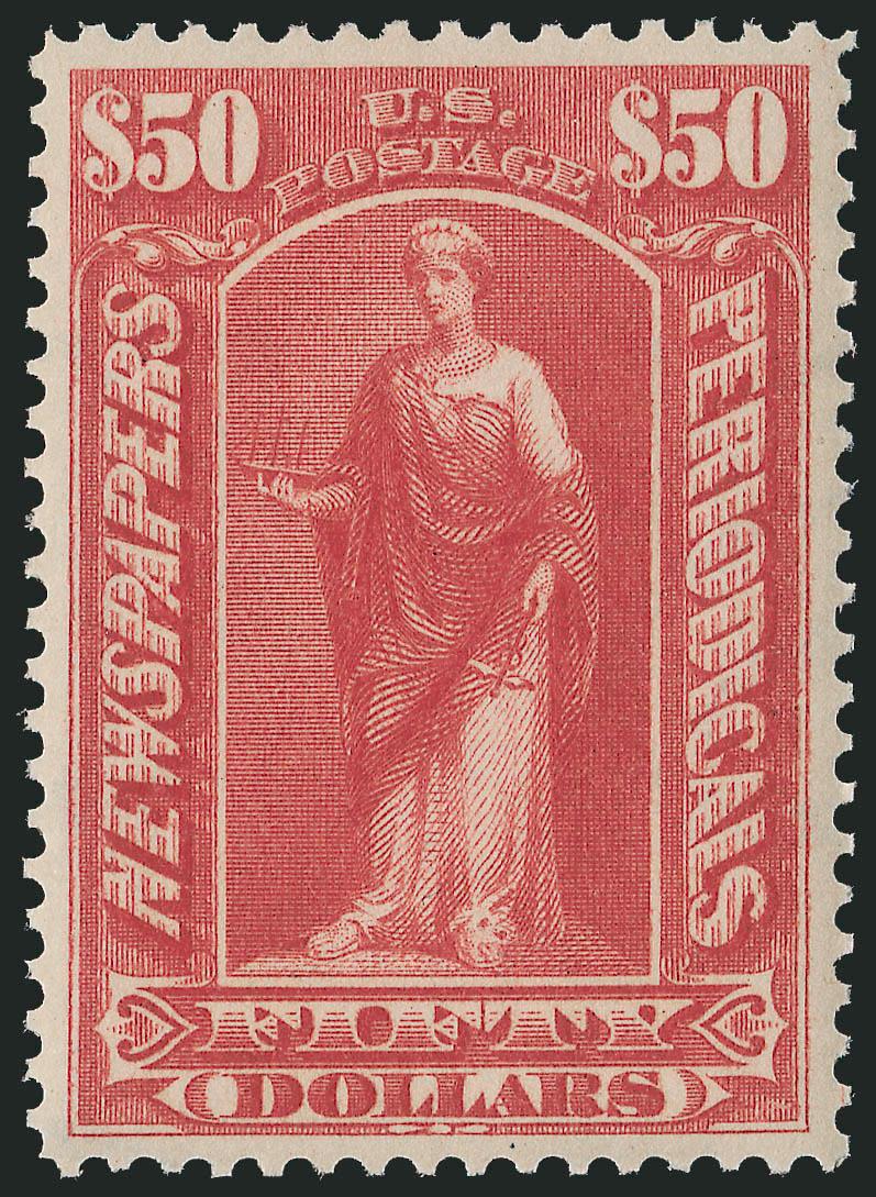$50.00 Dull Rose, 1895 Watermarked Issue (PR124).> Mint N.H., beautiful balanced margins, vivid color, fresh and crisp, Extremely Fine Gem, P.S.E. encapsulated (XF-Superb 95 SMQ $650.00), none graded higher to
date