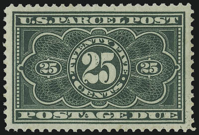 25c Dark Green, Parcel Post Postage Due (JQ5).> Mint N.H., deep rich color, proof-like impression on bright paper, perfect centering with wide margins<><>^EXTREMELY FINE GEM. A GORGEOUS MINT NEVER-HINGED
EXAMPLE OF THE 25-CENT PARCEL POST POSTAGE D
