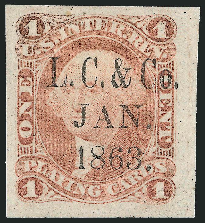 1c Playing Cards, Imperforate (R2a).> Huge even margins, bold L.C. & Co. Jan. 1863. cancel, Extremely Fine Gem, scarce in sound condition with Jumbo margins, with 2008 P.S.E. certificate (XF 90 Jumbo Revenues
are unlisted in SMQ)