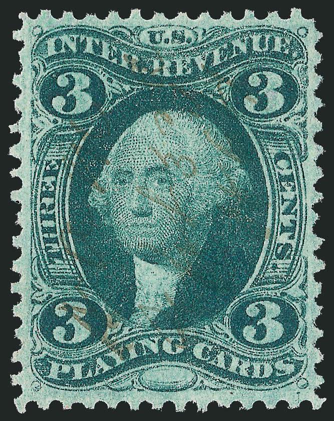 3c Playing Cards, Perforated (R17c).> Well-centered, deep rich color, light manuscript cancel, Extremely Fine, with 2009 P.S.E. certificate (XF 90 Revenues are unlisted in SMQ)