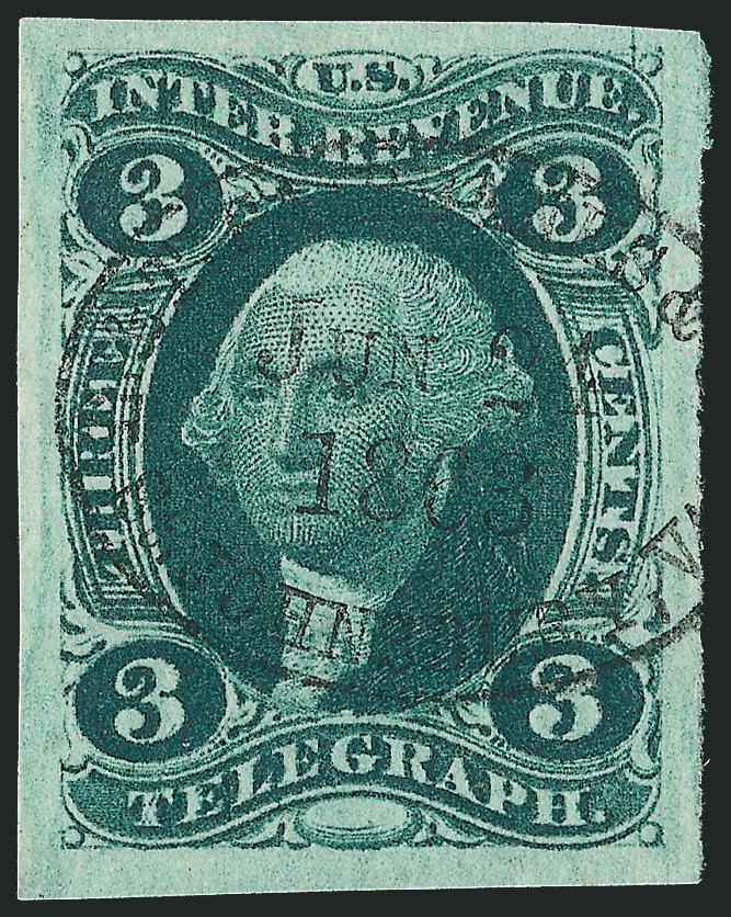 3c Telegraph, Imperforate (R19a).> Huge margins, black handstamp cancel, wonderful deep rich color, Extremely Fine Gem, with 2008 P.S.E. certificate (XF-Superb 95 Revenues are unlisted in SMQ)