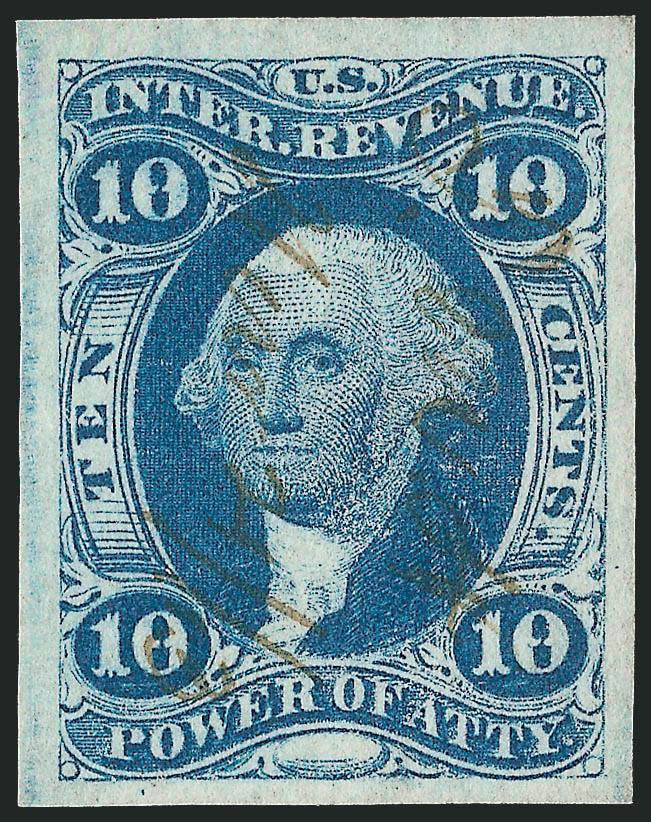10c Power of Attorney, Imperforate (R37a).> Huge margins, beautiful color and impression, neat ms. cancel, Extremely Fine Gem, with 2009 P.S.E. certificate (XF-Superb 95 Revenues are unlisted in SMQ)